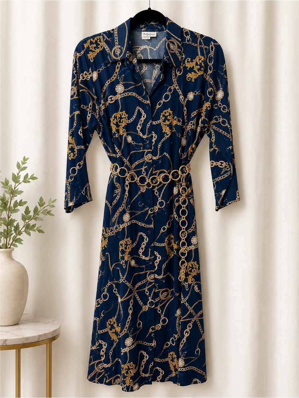 Bellambra Made in Italy Navy Gold Chain Print Shirt Dress Size L